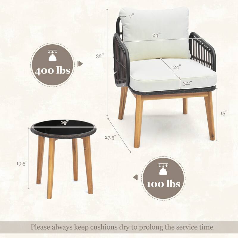 3 PCS Patio Furniture Set w/ Cushioned Chairs Tempered Glass End Table