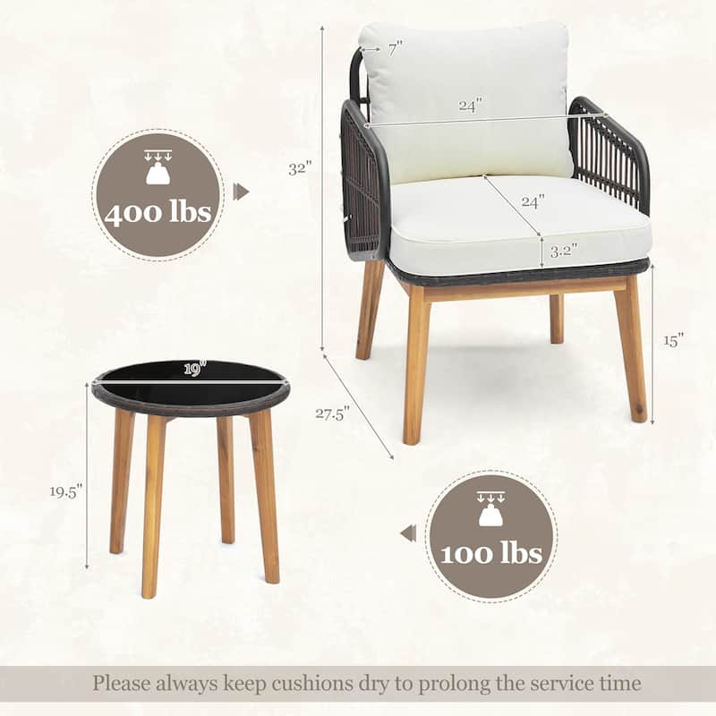 3PCS Patio Furniture Set w/ Cushioned Chairs Tempered Glass Side Table