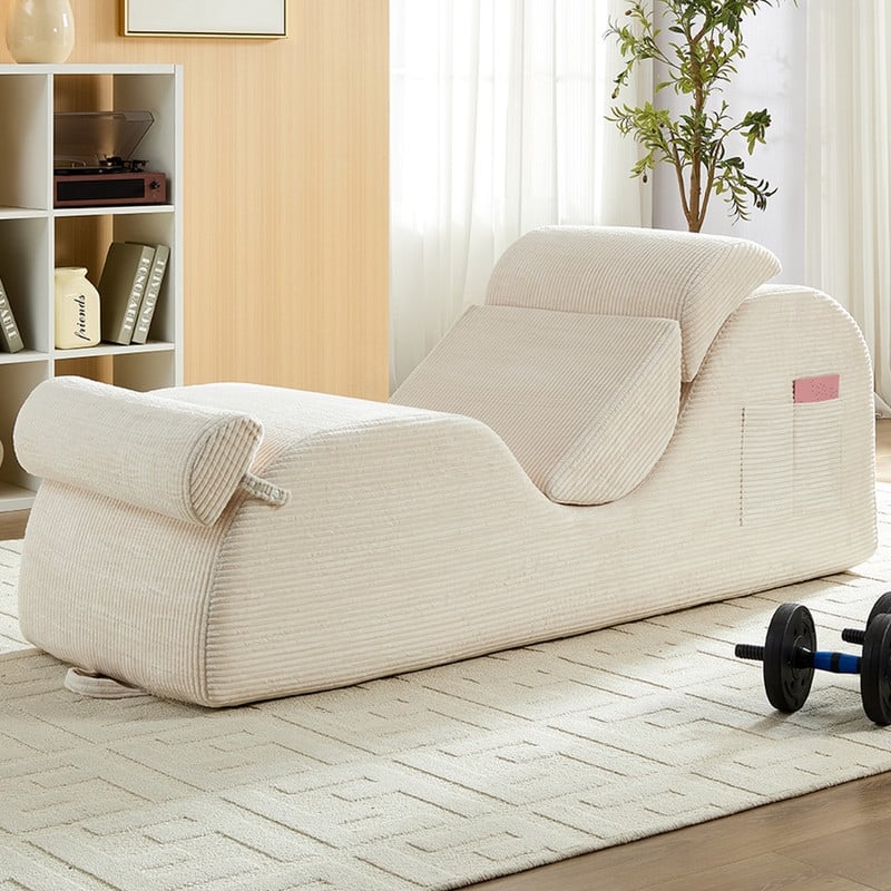 Mixoy Corduroy Yoga Chaise Lounge Chair,Curved Yoga Sofa with Movable Headrest/Waist Cushion/Footrest,Non-Slip Bottom