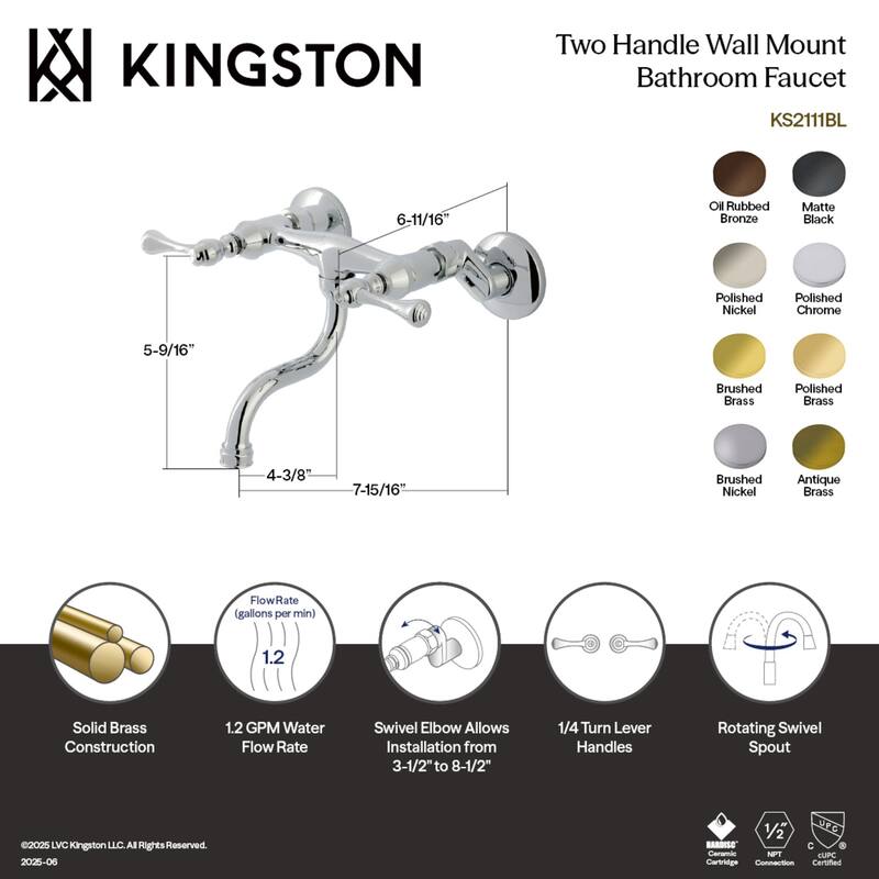 Kingston Brass Kingston Two-Handle 2-Hole Wall Mount Bathroom Faucet