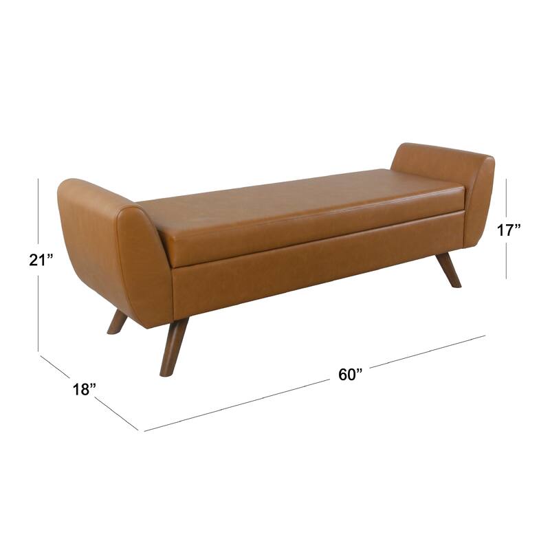 Rae Storage Bench Ottoman with Arms, Brown Faux Leather, Wood, 60 Inch