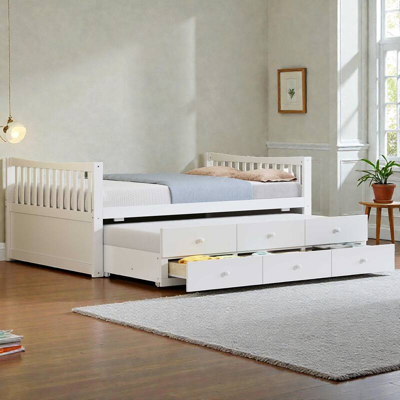 Daybed with Trundle and 3 Drawers, Solid Wood Twin/Full Daybed with Storage, Space-Saving Guest Bed - White - Full