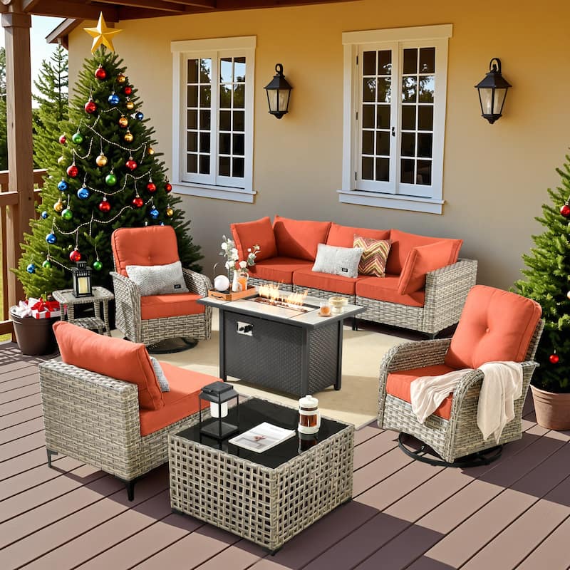 OVIOS 9 Pieces Outdoor Wicker Swivel Chair Set With Fire Table
