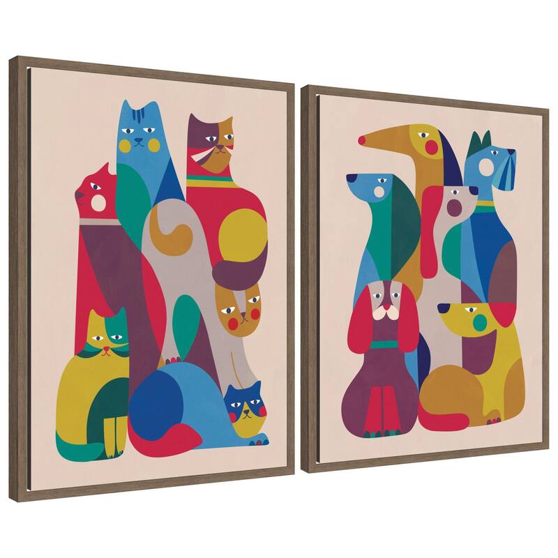 Kate and Laurel Retro Cats & Dogs 2 Piece Framed Canvas Wall Art Set by Rachel Lee - 2 Piece Set 18x24