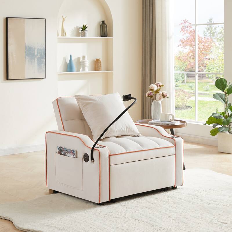 Convertible Pull-Out Chair Bed with USB Ports, Adjustable Backrest & Cup Holder