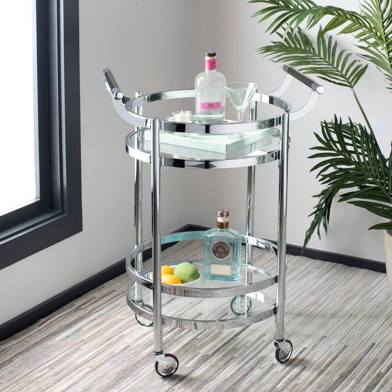 SAFAVIEH Sienna 2 Tier Round Bar Cart-Chrome / Glass - 23.8" x 19.9" x 34"