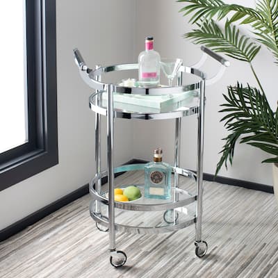 SAFAVIEH Sienna 2 Tier Round Bar Cart-Chrome / Glass - 23.8" x 19.9" x 34"