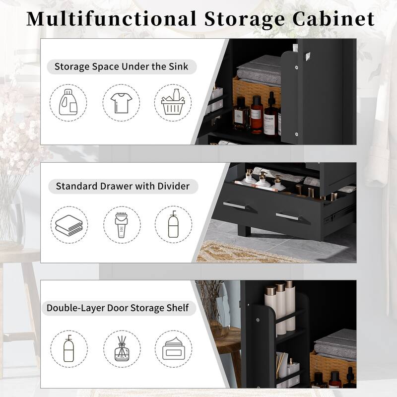 24-inch bathroom vanity with integrated undermount basin and a storage cabinet featuring 2 doors and 1 drawer.