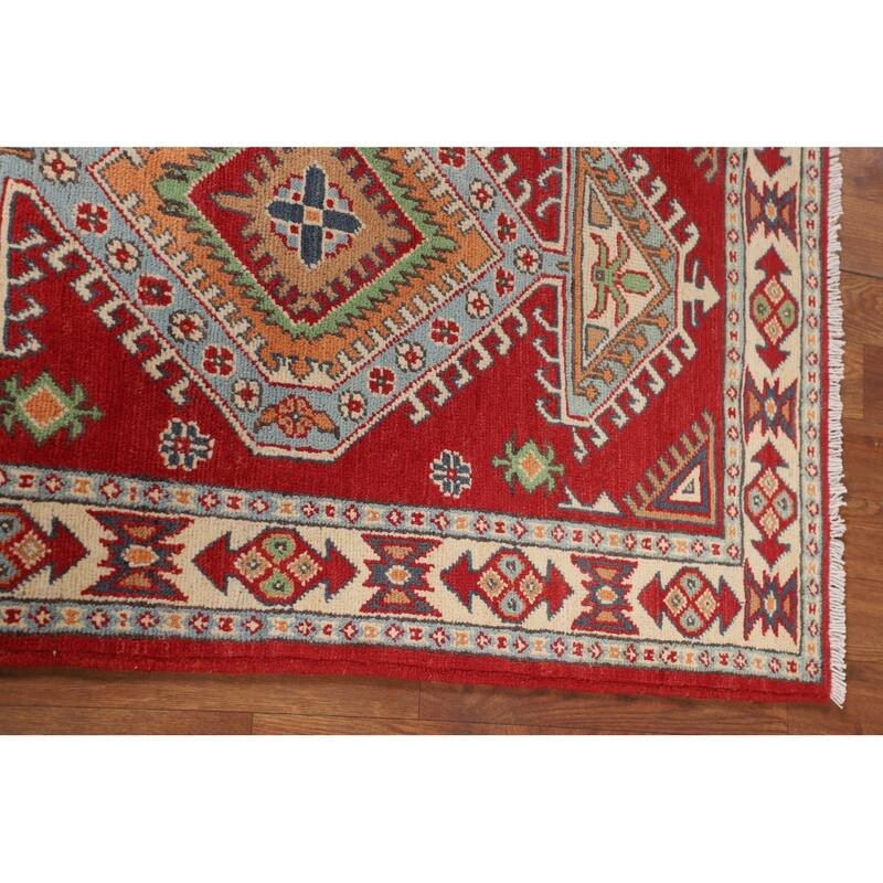 Geometric Red Kazak Oriental Accent Rug Handmade Foyer Wool Carpet - 2'7" x 3'10"