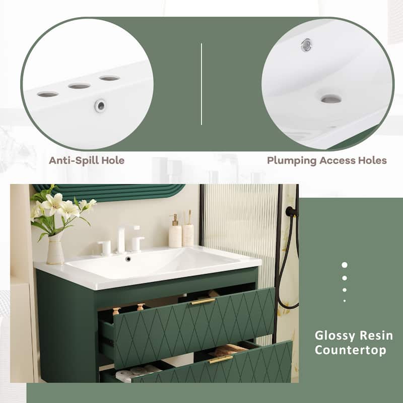 30" Wall Mounted Bathroom Vanity with Resin Sink, Floating Solid Wood Frame Bathroom Storage Cabinet with 2 Drawers - 30 Inch