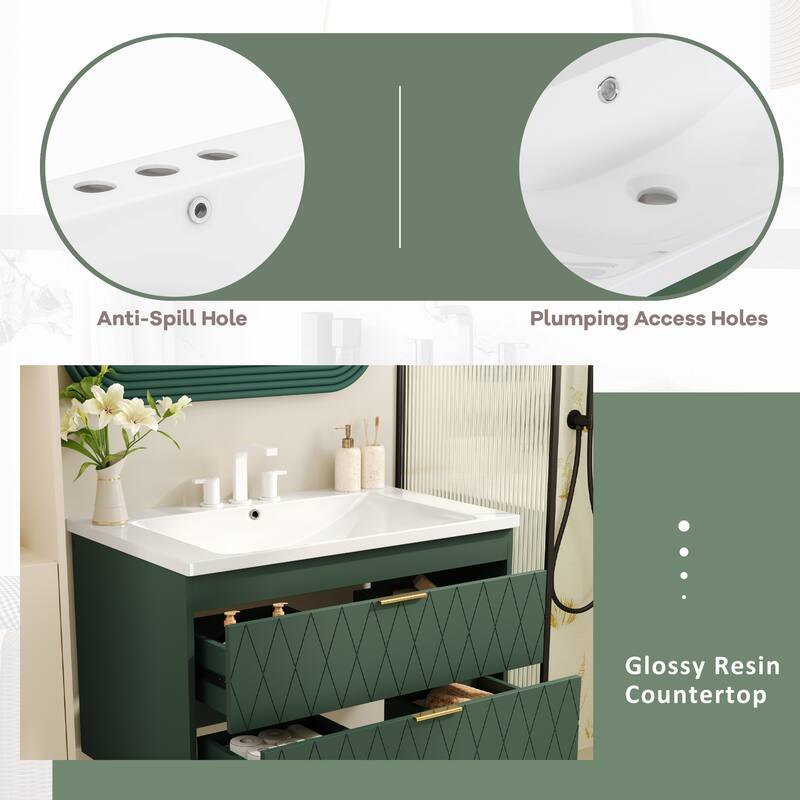 Roomfitters 30" Floating Bathroom Vanity with Resin Sink, Wall Mounted Storage Cabinet with 2 Drawers, Green