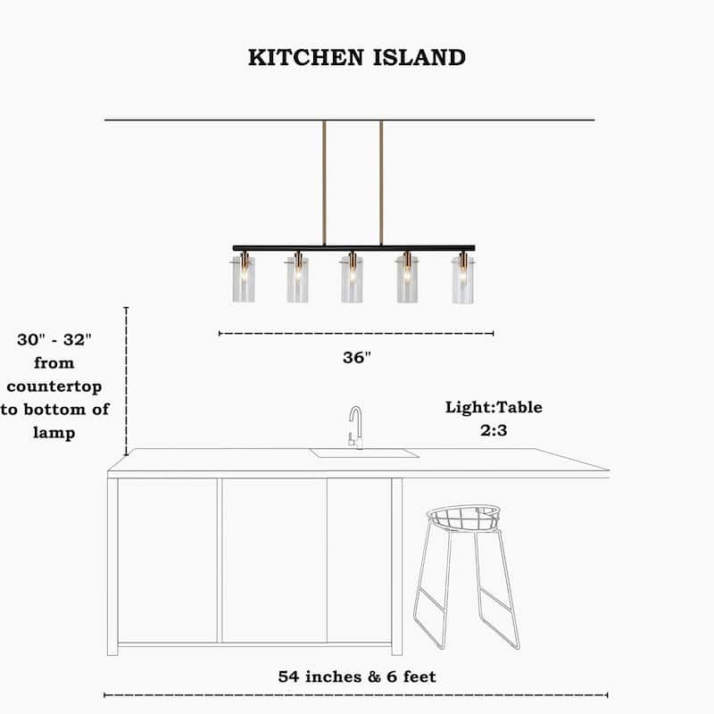 Modern Farmhouse 5-Light 36" L Black Gold Linear Chandelier Cylinder Glass Island Lights for Dining Room - 36" L x 3" W x 8" H