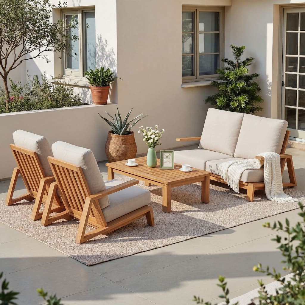 Outdoor Conversation Set with Coffee Table in Acacia Wood 4-Piece Sofa Set