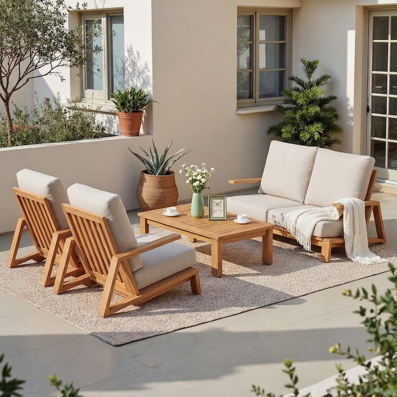 Outdoor Conversation Set with Coffee Table in Acacia Wood 4-Piece Sofa Set - Beige