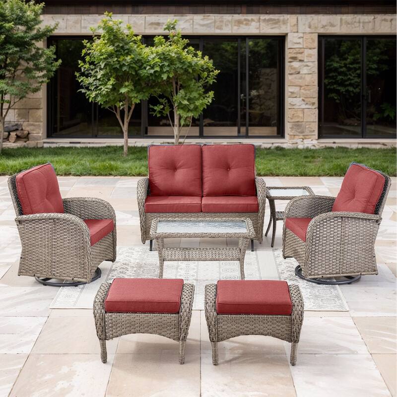 Gymojoy 7-Piece Outdoor Wicker Patio Furniture with Loveseat Glider, Rattan Coversation Set with Water Resistant Cushions - Grey Wicker / Red Cusion - 7-Piece