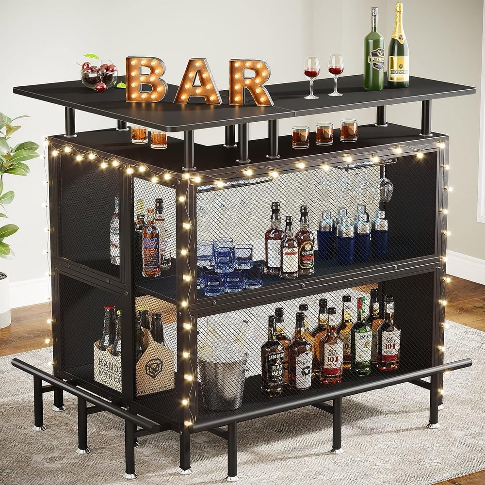 Industrial Home Bar Unit 3-Tier Bar Table with Wine Rack