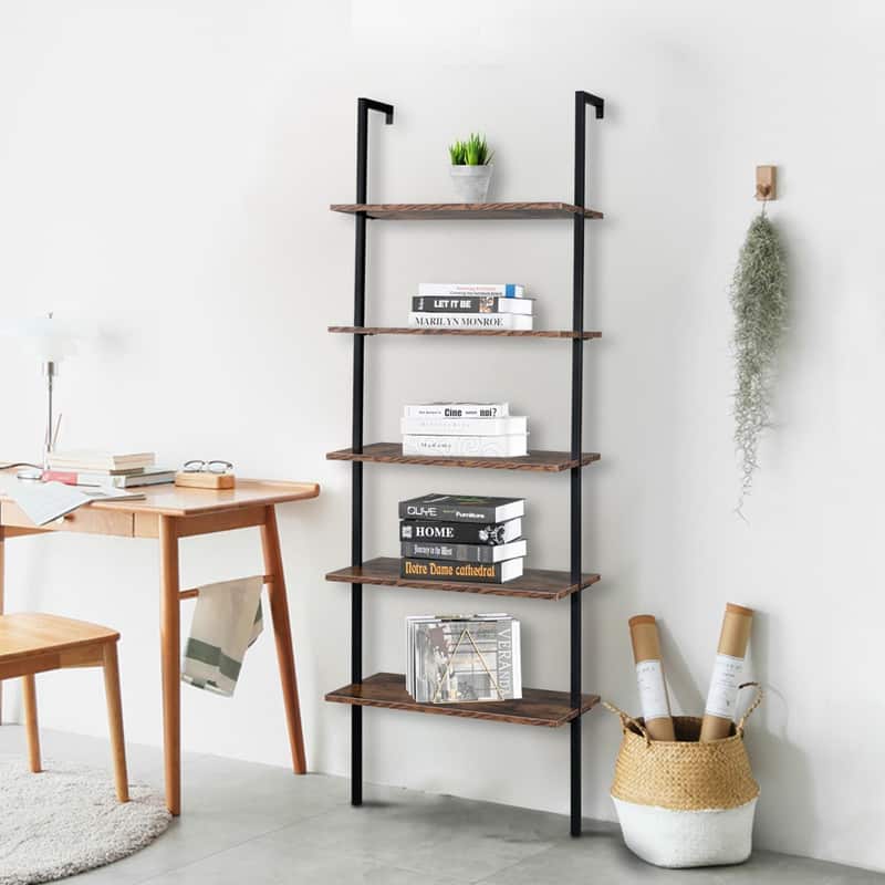 5-Shelf Wood Ladder Bookcase with Metal Frame Wall Mount Book Shelf