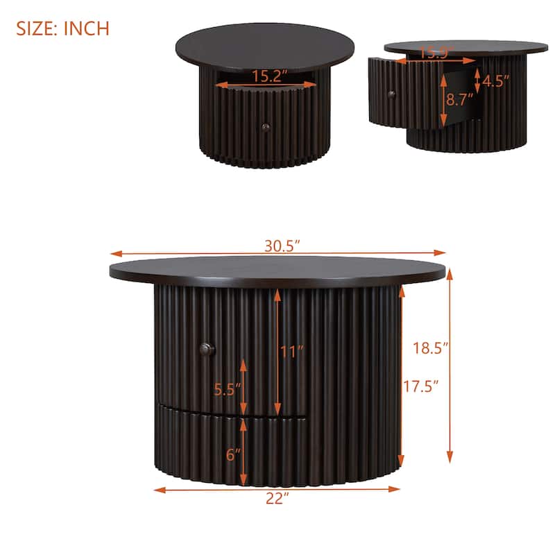 Round Coffee Table for Living Room in Natural, Farmhouse Coffee Table with a Drawer, Center Table with Vertical Slat Base