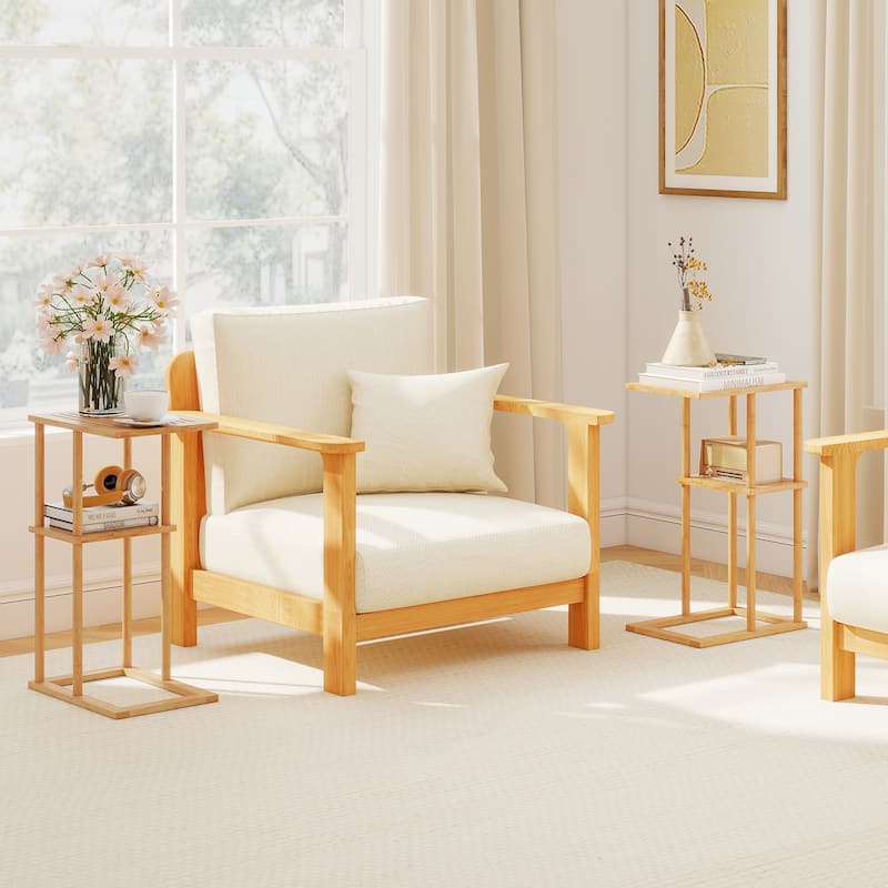 Gymax Side Table Set of 2 w/Storage Shelves & Bamboo Construction for