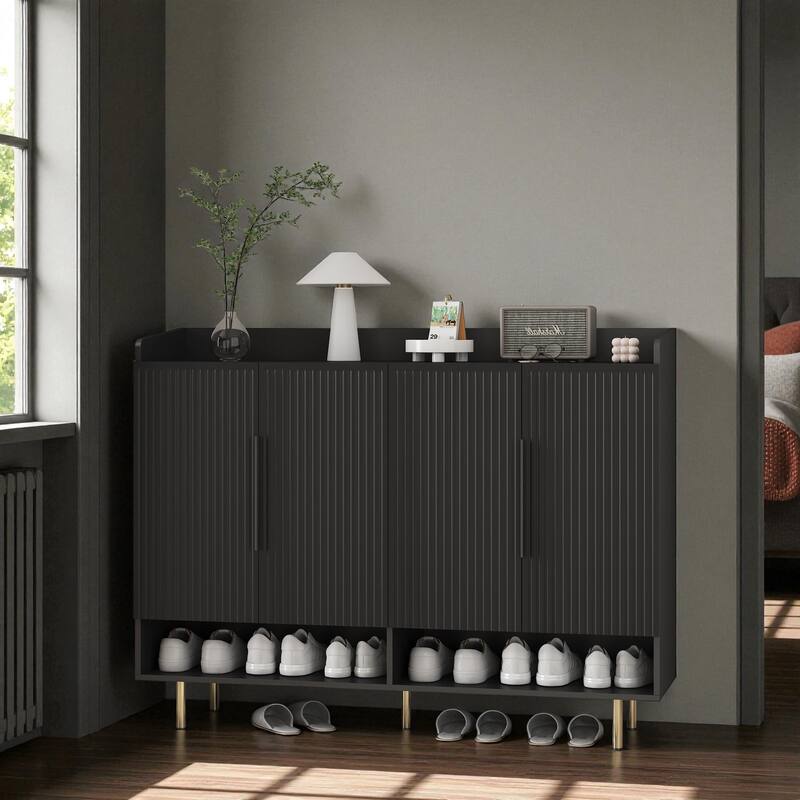 Modern Black 4-Door Shoe Cabinet, Large Entryway Storage Organizer with Adjustable Shelves