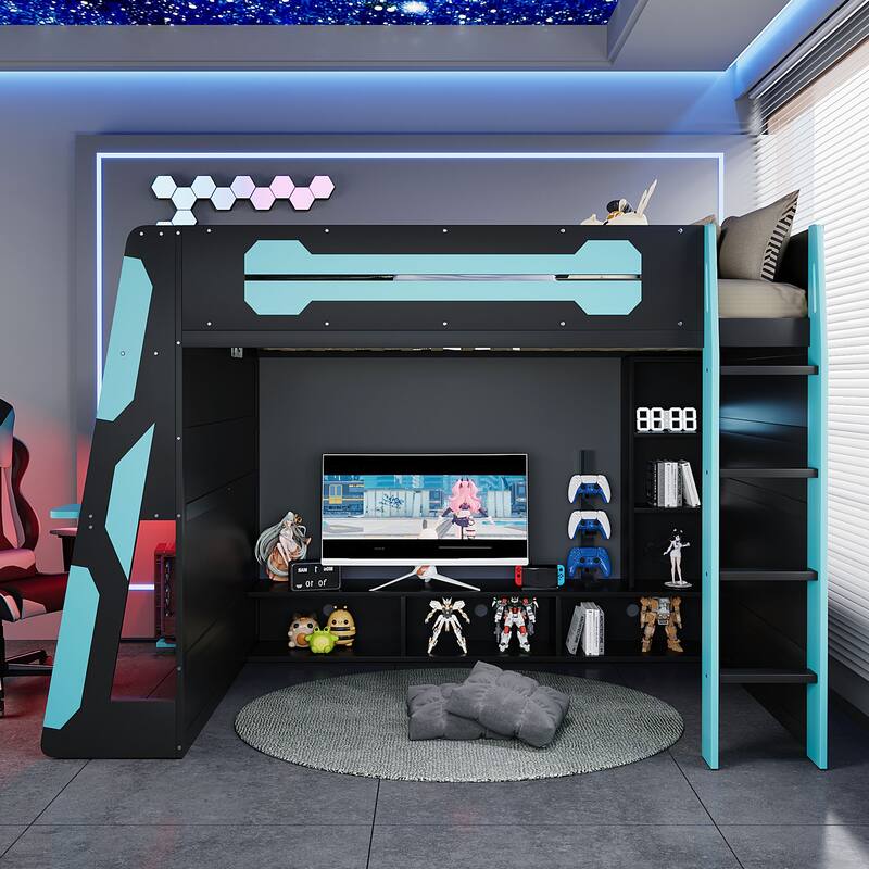 Teens All-in-One Esports Gaming & Work Loft Bed with Built-in RGB Lights, Side Gaming Desk, Console Storage, TV Area and Shelves
