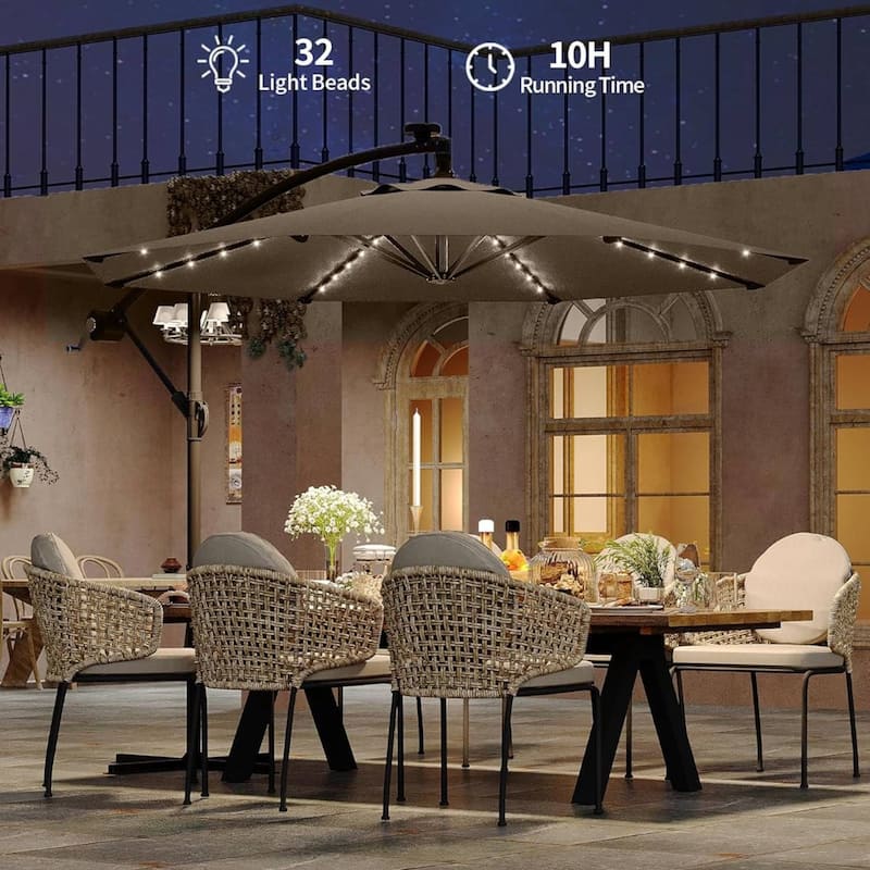 10FT Patio Outdoor Offset Umbrella with Lights for Deck Poolside Lawn Backyard