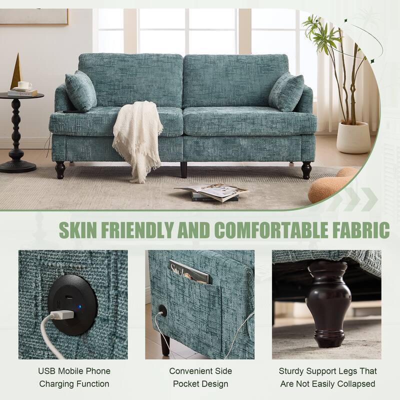 Modern Style Chenille 2-Seater Wood-Legged Sofa With Led Light,USB Charging Port And Storage Bag Living Room Bedroom Study Room