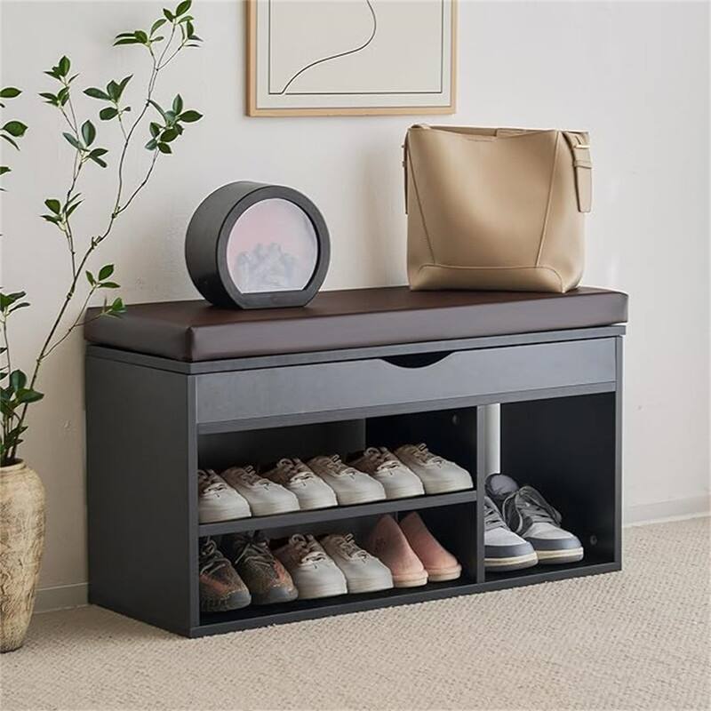Shoe Storage Bench with Cover 2-Tier 39 Inches - 11.81"D x 39.4"W x 17"H - Black