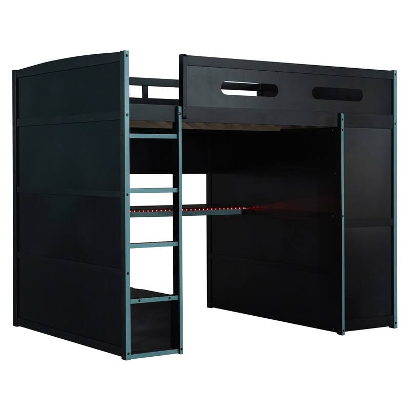 Full Size Wood Loft Bed with Desk,Wardrobe and RGB LED Light