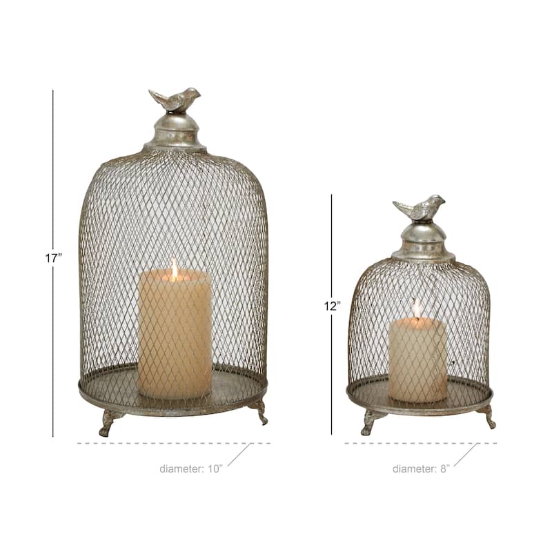 Metal Bird Cage Style Cloche Decorative Candle Lantern with Elevated Stand - Set of 2 Silver - Roche River Decor