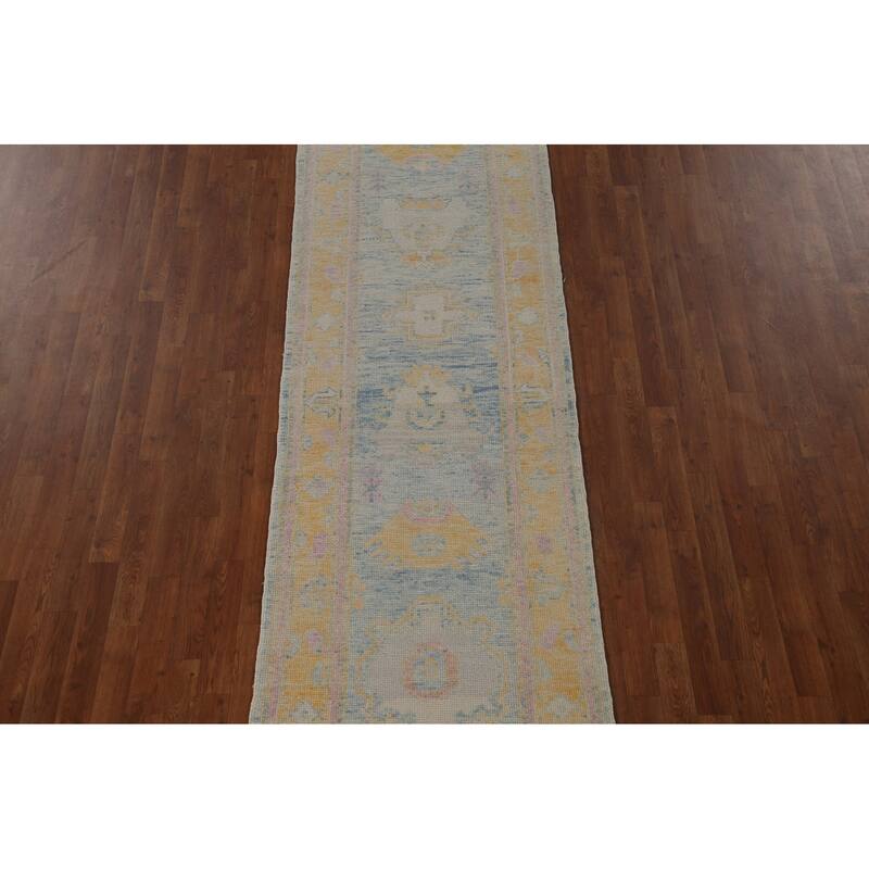Blue Oushak Turkish Runner Rug Handmade Vegetable Dye Wool Carpet - 3'0"x 14'1"