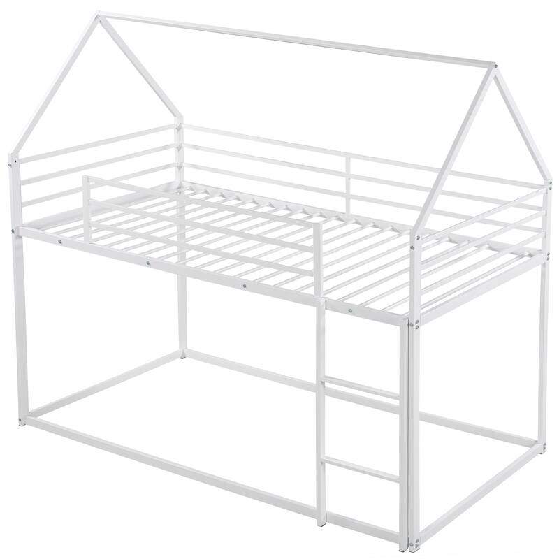 Twin over Twin House Bunk Bed with Built-in Ladder House Shaped Metal Floor Bunk Beds w/Length Guardrail, No Box Spring Needed
