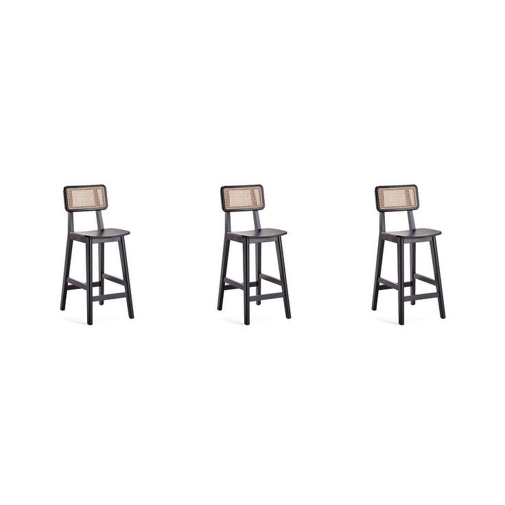 Manhattan Comfort Versailles Counter Stool in Black and Natural Cane - Black and Nature - Set of 3