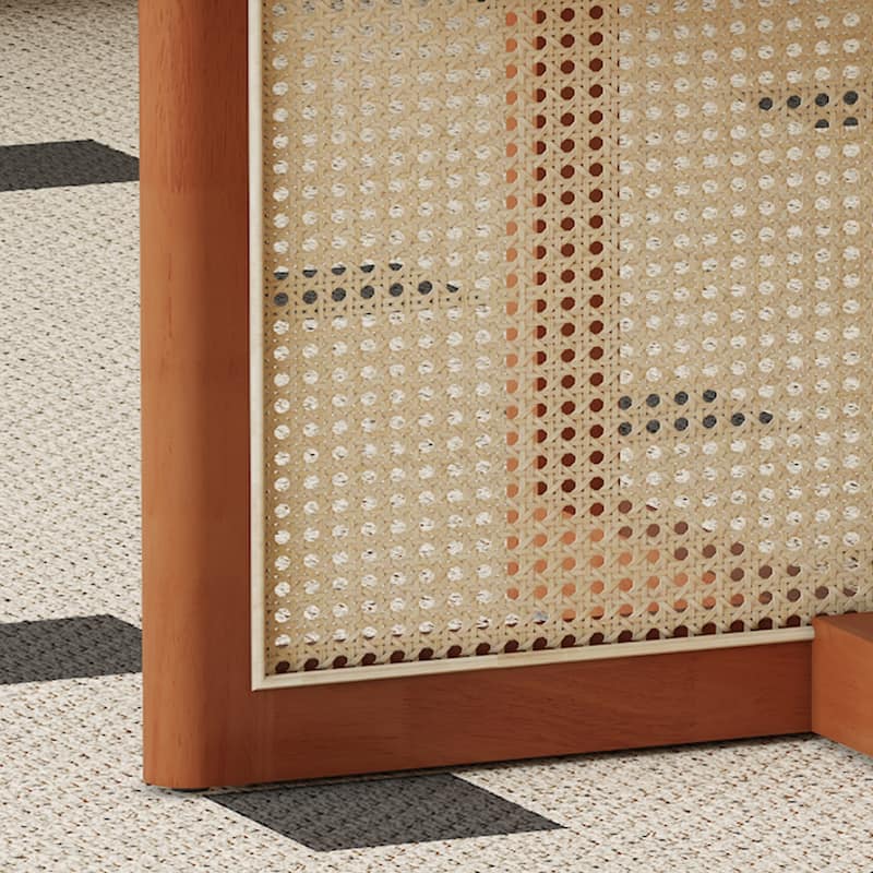 wooden coffee table with faux rattan accents
