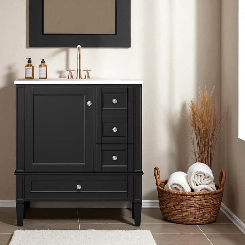 30 Inch Bathroom Vanity with Sink, Modern Freestanding Cabinet with 3 Drawers, Solid Wood Frame & Ceramic Top