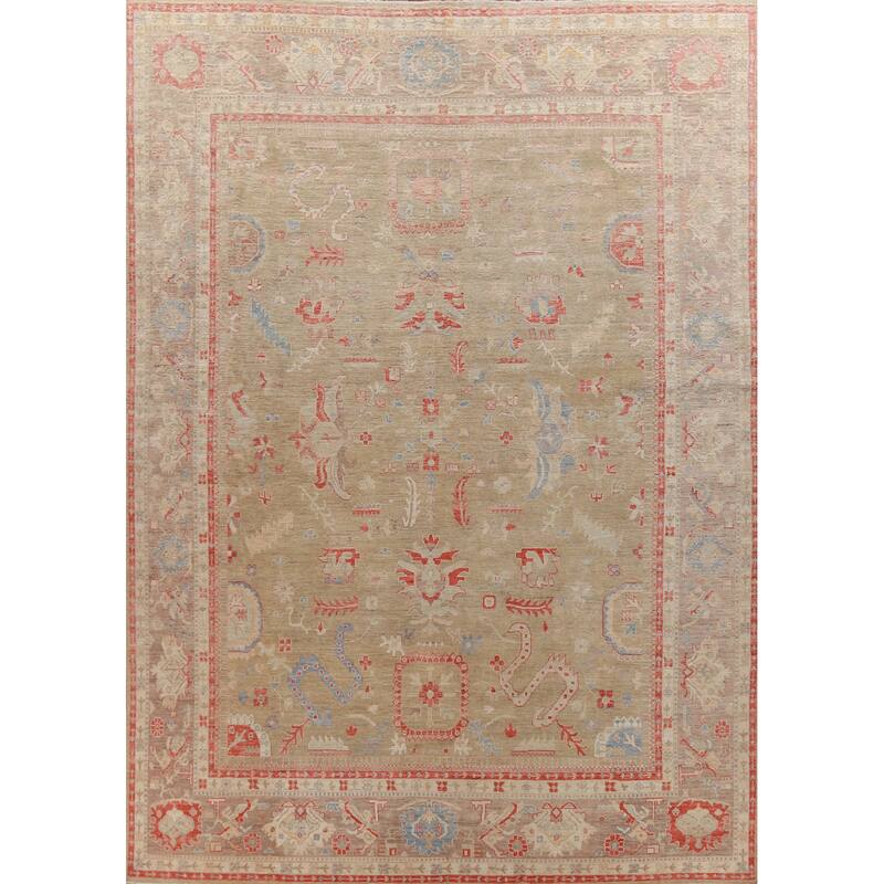 Hand Knotted Oriental 100% Wool Carpet Transitional All-Over Green Oushak Area Rug - 14' 10'' X 9' 11''