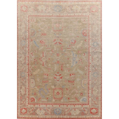 Hand Knotted Oriental 100% Wool Carpet Transitional All-Over Green Oushak Area Rug - 14' 10'' X 9' 11''