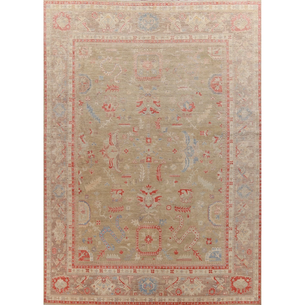 Hand Knotted Oriental 100% Wool Carpet Transitional All-Over Green Oushak Area Rug - 14' 10'' X 9' 11''