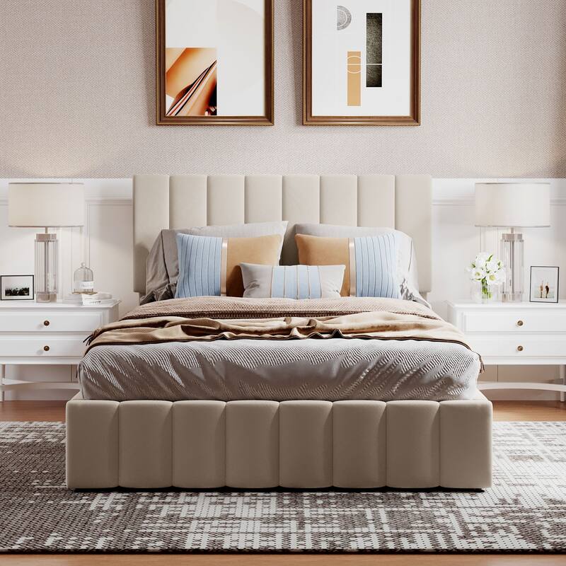 Mordern Upholstered Platform bed with a Hydraulic Storage System - Beige - Full