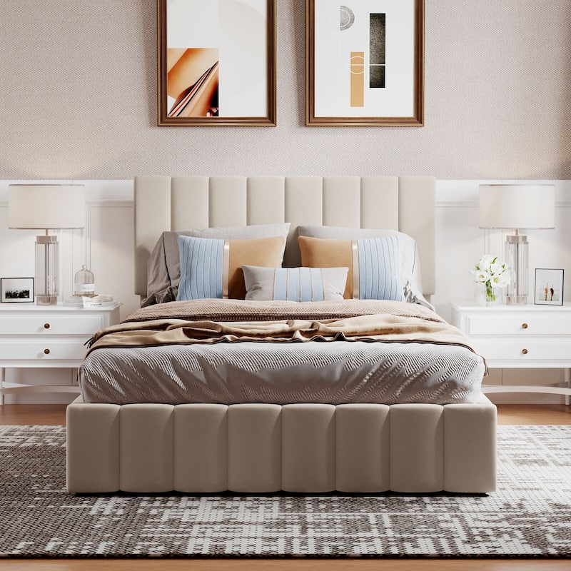 Upholstered Platform Bed with a Hydraulic Storage System - Beige - Full