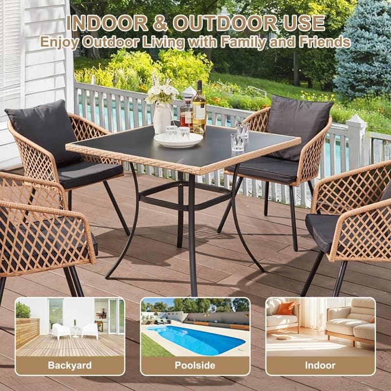 35" Square/Round Outdoor Dining Table - All-Weather Wicker Patio Table with Tempered Glass Top & Iron Frame for Balcony