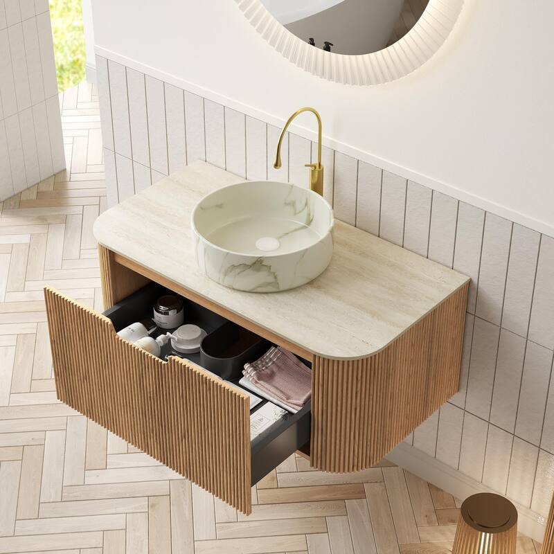 Floating Bathroom with Round Ceramic Basin and Storage Drawer