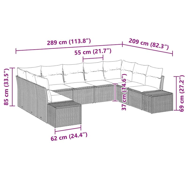 vidaXL 10 Garden Sofa Set with Cushions Black Poly Rattan - 113.8 x 82.3 x 27.2