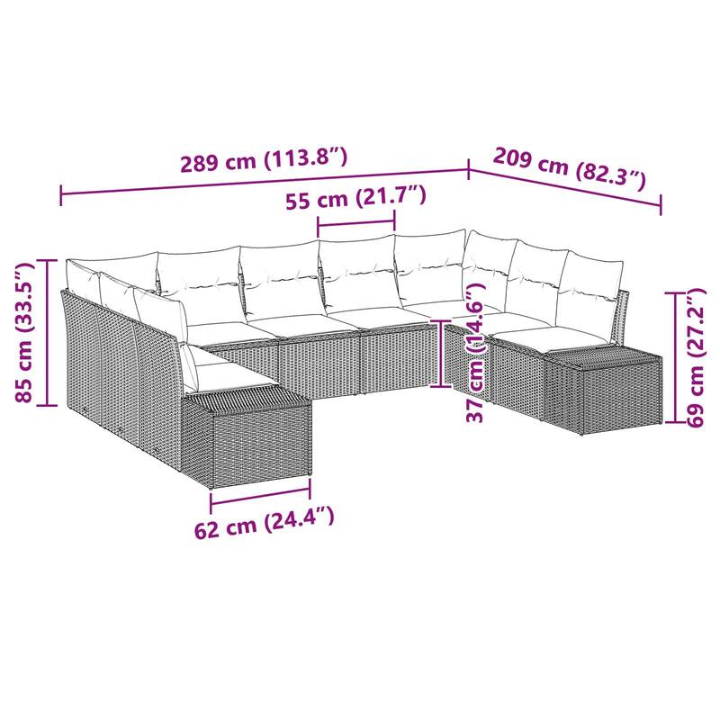vidaXL 10 Piece Garden Sofa Set with Cushions - 113.8×82.3×27.2