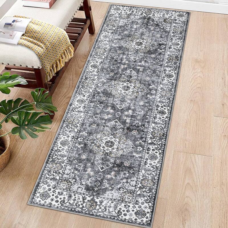 Washable Rug Vintage Medallion Area Rugs for Living Room Bedroom, Non-Skid Low Pile Floral Rug Soft Foldable Rug - 2'x6' - Gray