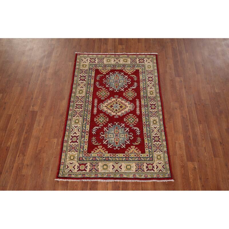 Red Geometric Kazak Foyer Rug Handmade Wool Carpet - 3'3" x 5'0"