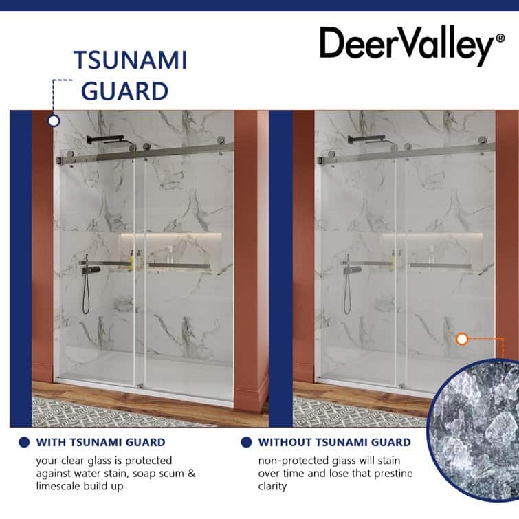 DeerValley 56" - 60" W x 76" H Double Sliding Frameless Shower Enclosure, Stainless Steel Accessories