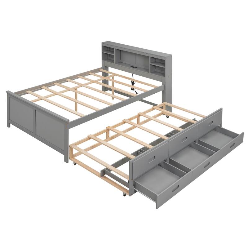 Platform Bed with Storage Headboard, USB, Twin Size Trundle and 3 Drawers
