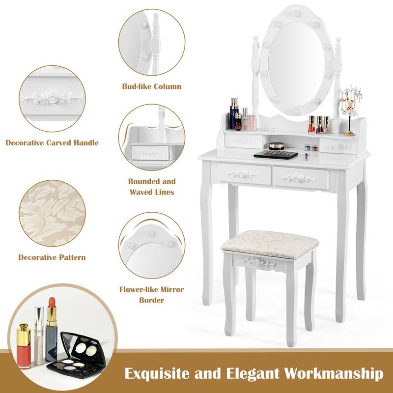 Gymax Makeup Vanity Dressing Table Set w/10 Dimmable Bulbs Cushioned - See Details