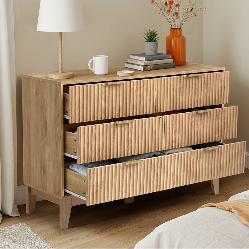 EROMMY Fluted 6-Drawer Dresser – Mid Century Modern Wide Chest with Metal Handles for Bedroom & Living Room